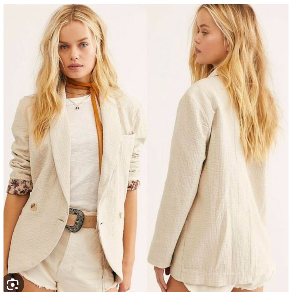 FREE PEOPLE Rowan Ivory Textured Cotton Oversized Boho Blazer Jacket Womens XL